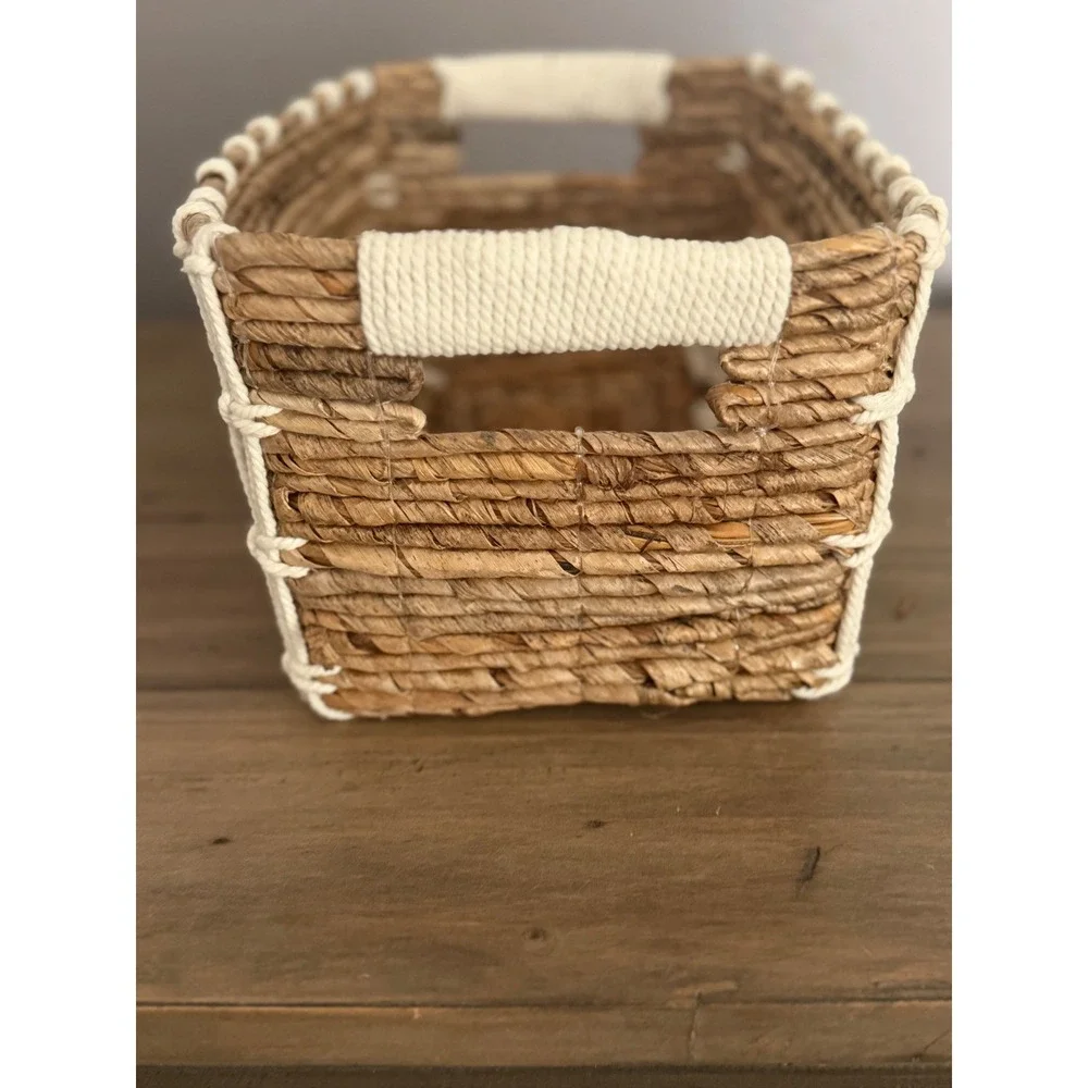 Boho Woven Seagrass Basket Macrame Overlay Rope Handles Small Storage